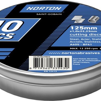 Norton Doorslijpschijf Vlak St/RVS A60S 125x1mm BF41 – 10 stuks